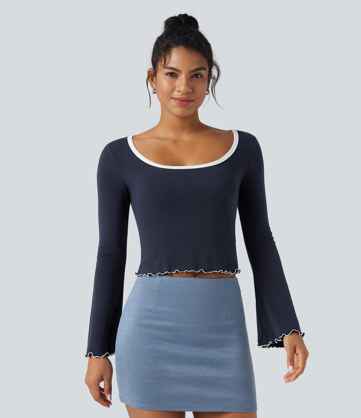 Square Neck Flounce Long Sleeve Casual T-Shirt — Deep Twilight — view 1