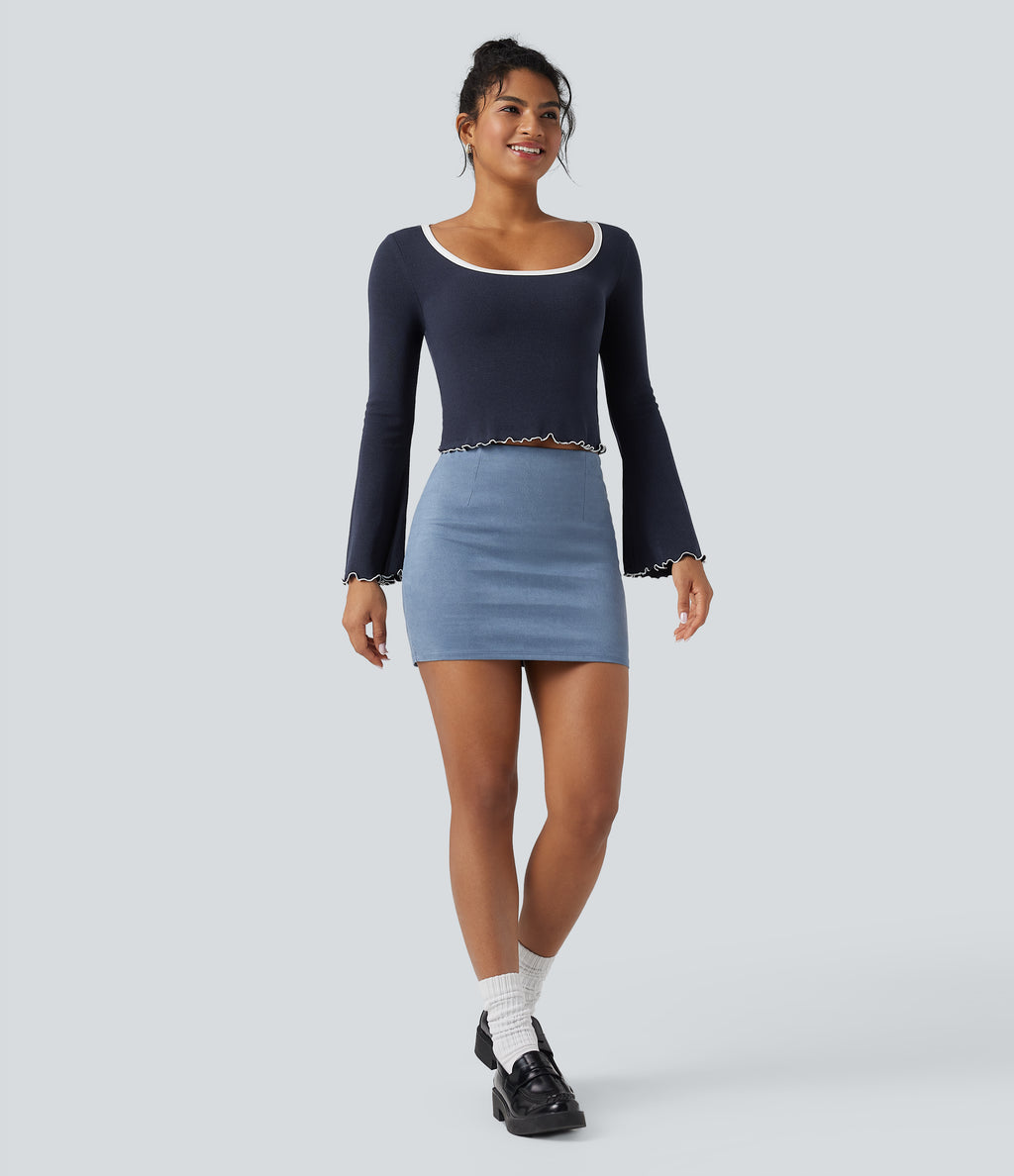Square Neck Flounce Long Sleeve Casual T-Shirt — Deep Twilight — view 6