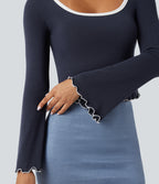Square Neck Flounce Long Sleeve Casual T-Shirt — Deep Twilight — view 5