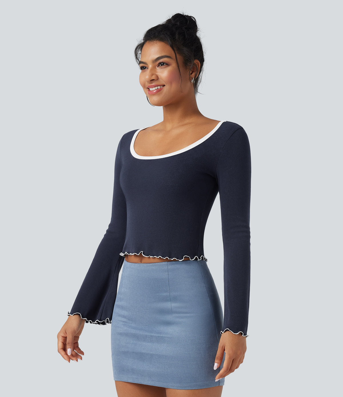 Square Neck Flounce Long Sleeve Casual T-Shirt — Deep Twilight — view 3