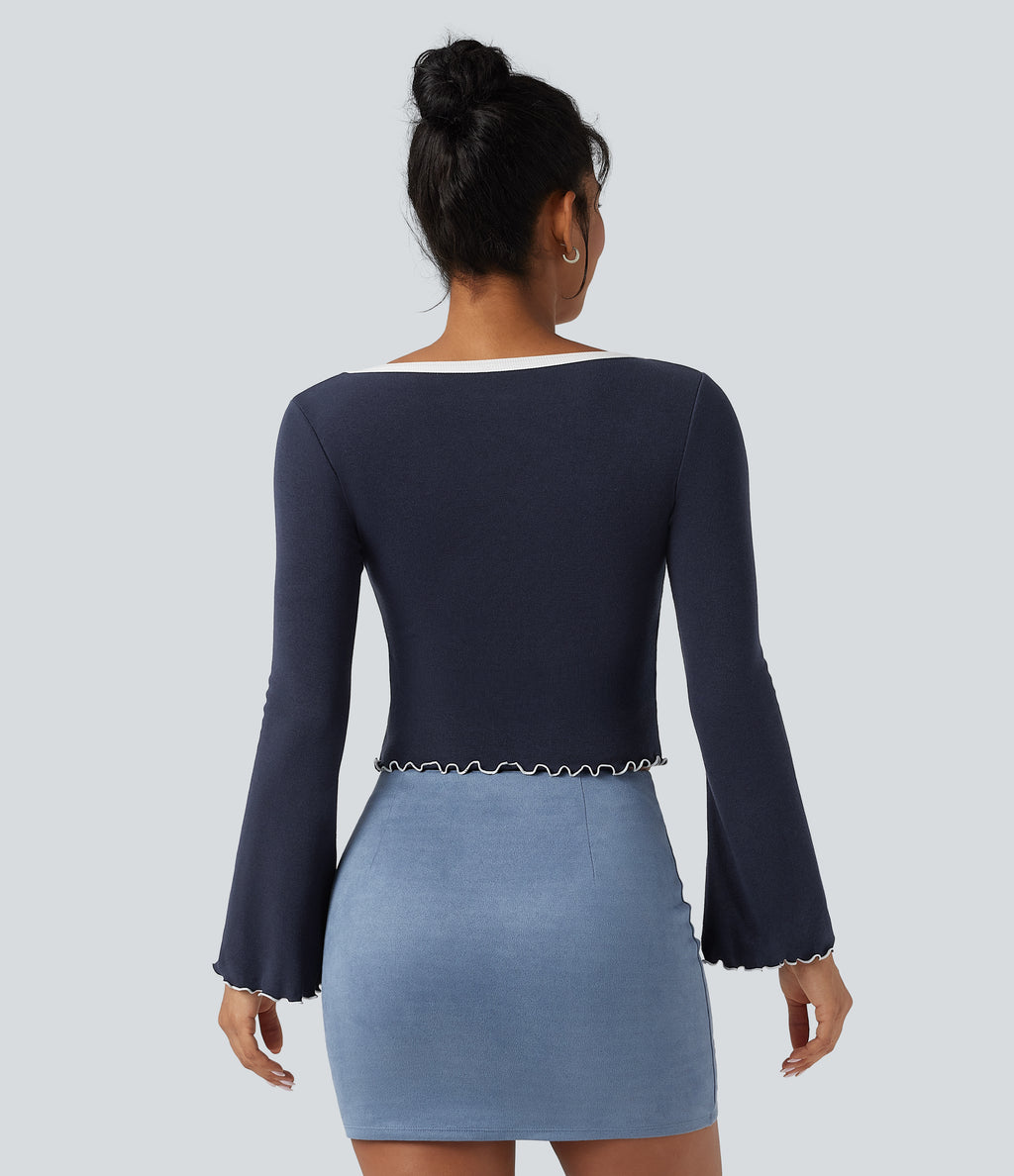 Square Neck Flounce Long Sleeve Casual T-Shirt — Deep Twilight — view 2