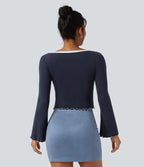 Square Neck Flounce Long Sleeve Casual T-Shirt — Deep Twilight — view 2