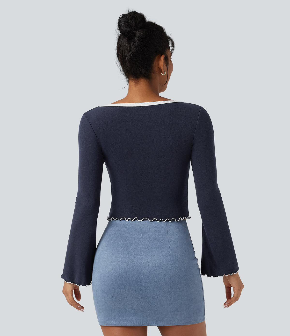 Square Neck Flounce Long Sleeve Casual T-Shirt — Deep Twilight — view 2