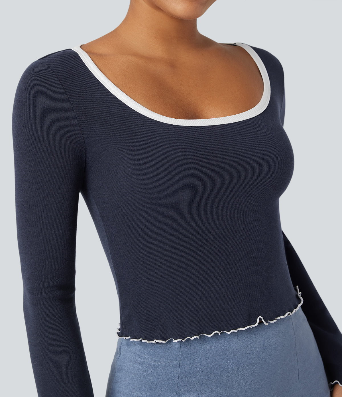 Square Neck Flounce Long Sleeve Casual T-Shirt — Deep Twilight — view 4