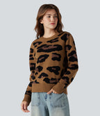 Round Neck Long Sleeve Leopard Casual Jumper — Mocha Camo — view 3