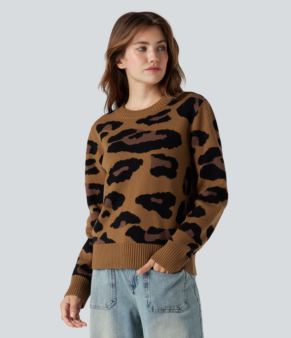 Round Neck Long Sleeve Leopard Casual Jumper — Mocha Camo — view 3