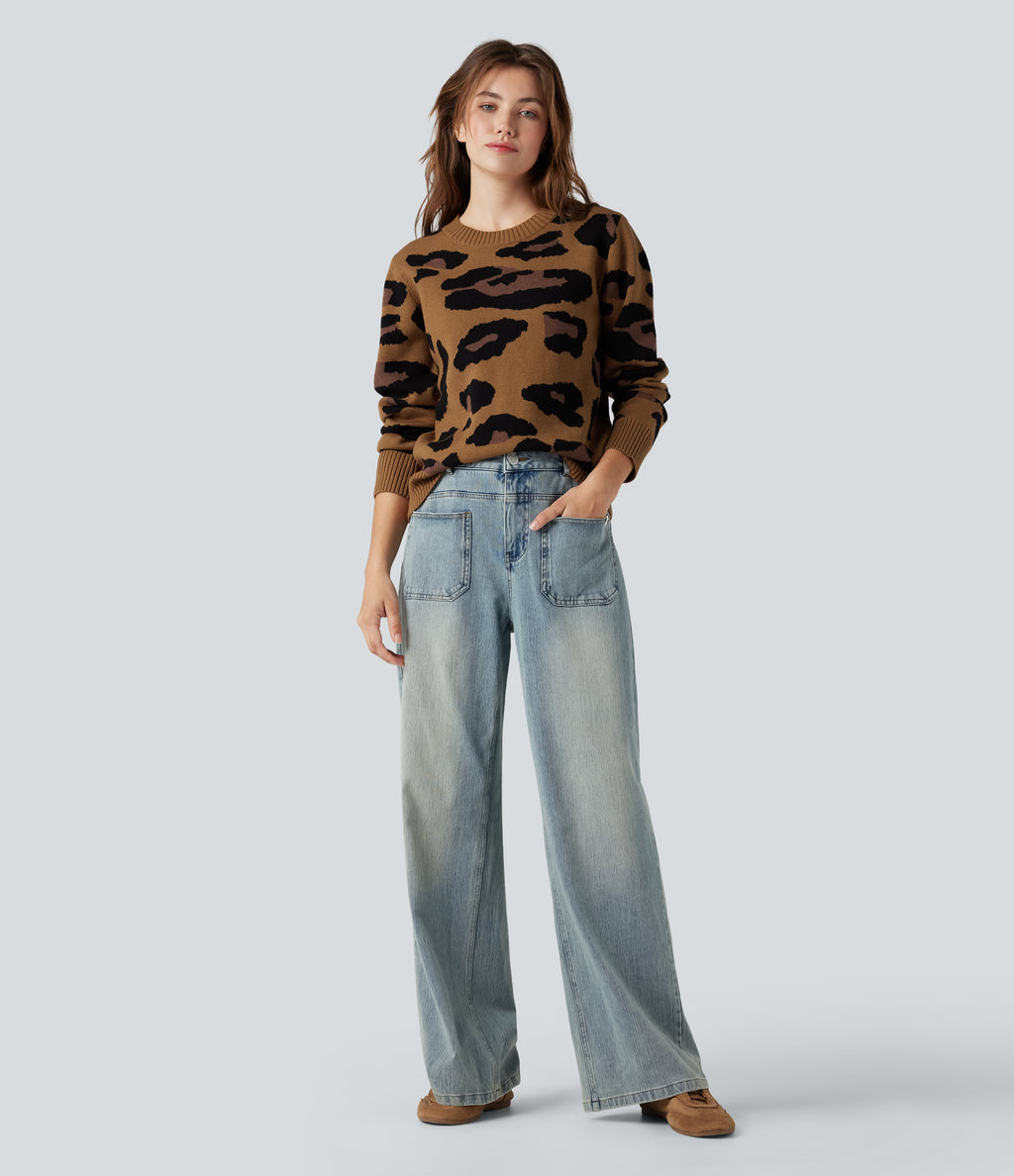 Round Neck Long Sleeve Leopard Casual Jumper — Mocha Camo — view 5