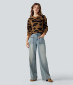 Round Neck Long Sleeve Leopard Casual Jumper — Mocha Camo — view 5