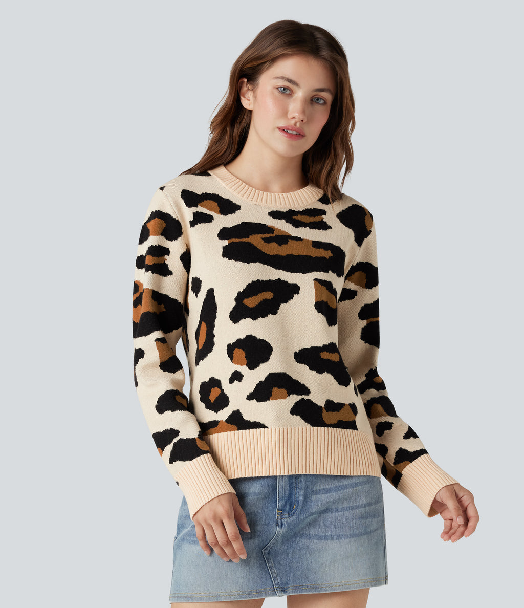 Round Neck Long Sleeve Leopard Casual Jumper — Sand Camo — view 6