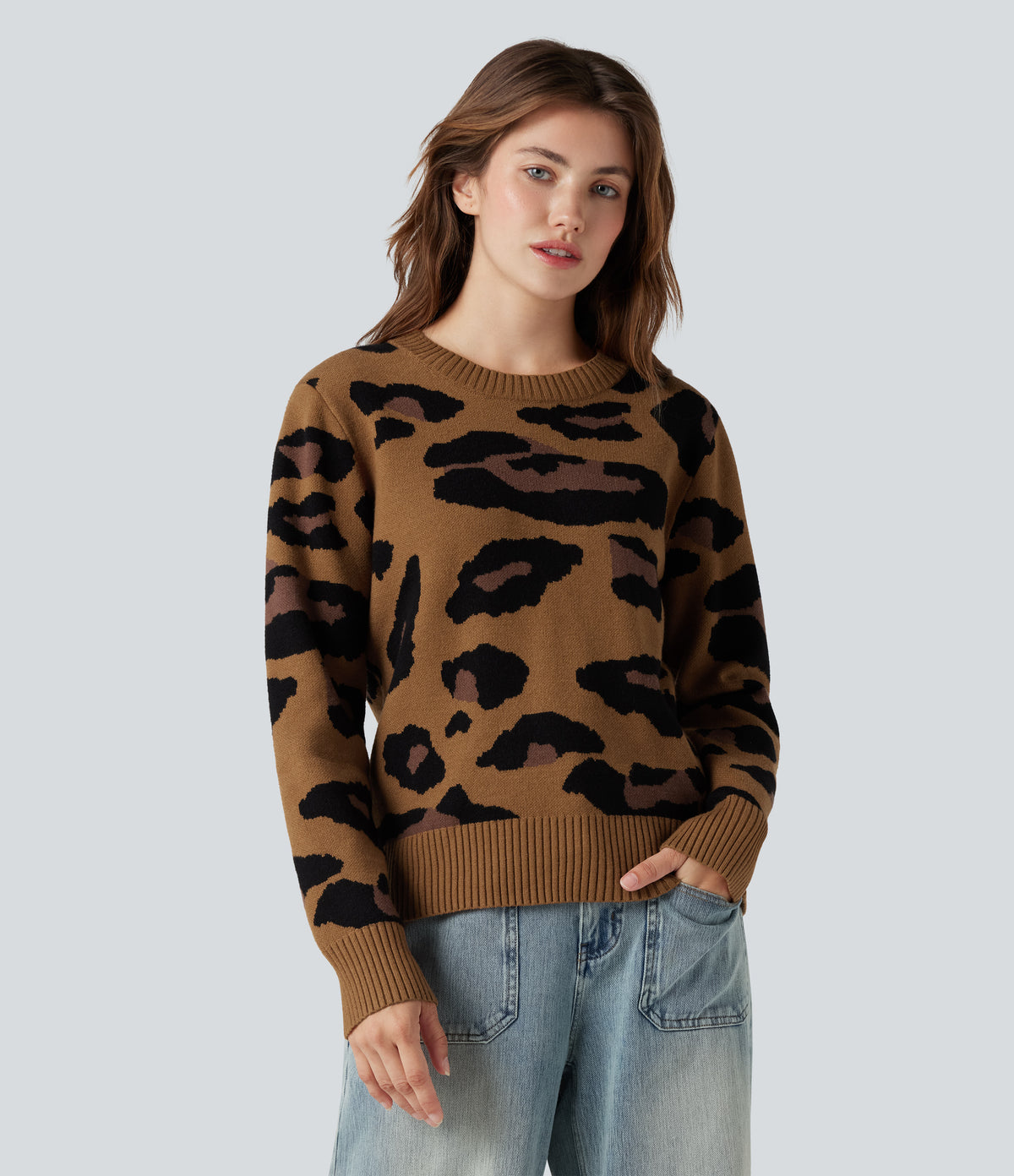 Round Neck Long Sleeve Leopard Casual Jumper — Mocha Camo — view 1
