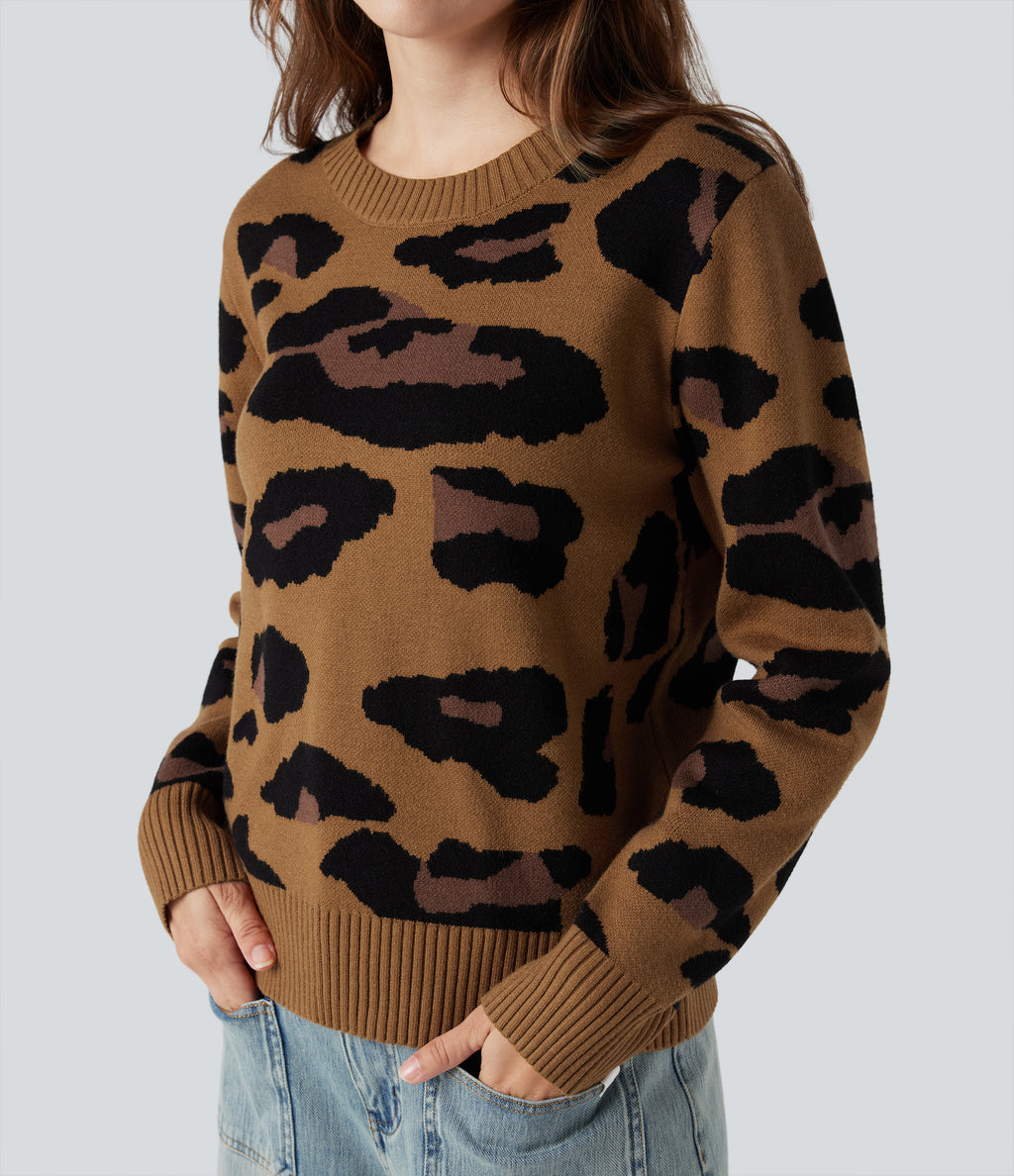 Round Neck Long Sleeve Leopard Casual Jumper — Mocha Camo — view 4