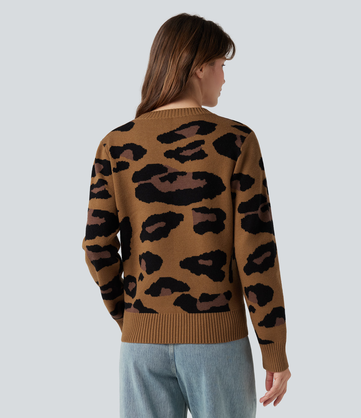 Round Neck Long Sleeve Leopard Casual Jumper — Mocha Camo — view 2