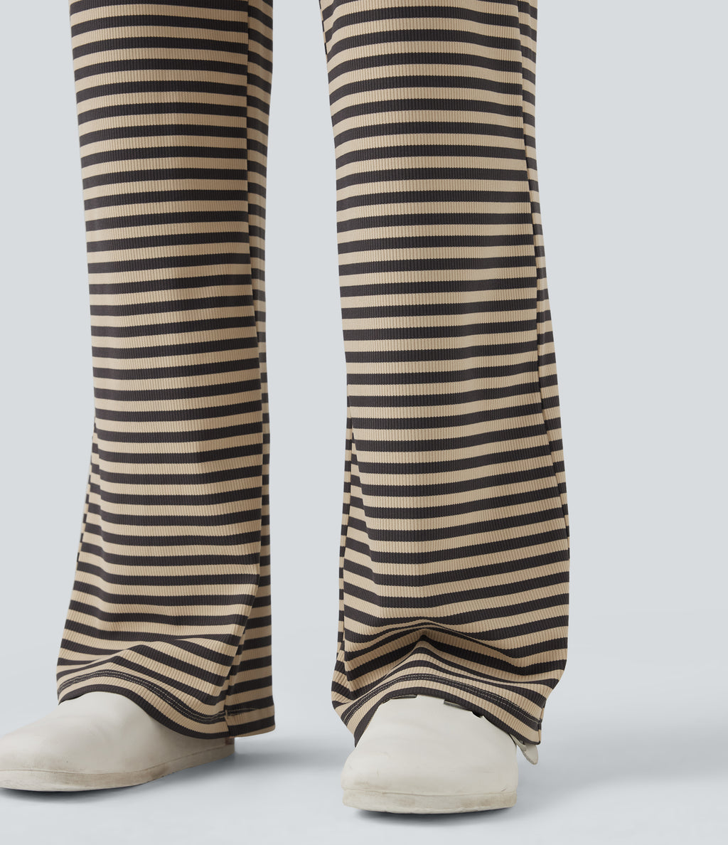 Foldover Low Rise Striped Casual Flared Trousers — Sand & Ink Stripe — view 7
