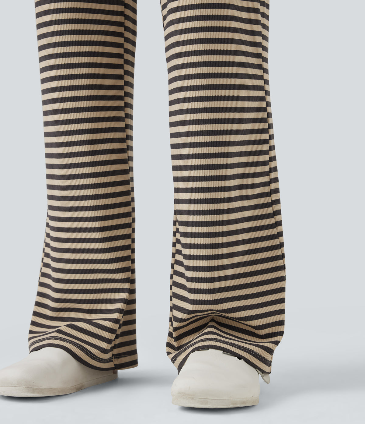 Foldover Low Rise Striped Casual Flared Trousers — Sand & Ink Stripe — view 7