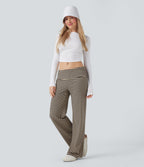 Foldover Low Rise Striped Casual Flared Trousers — Sand & Ink Stripe — view 1