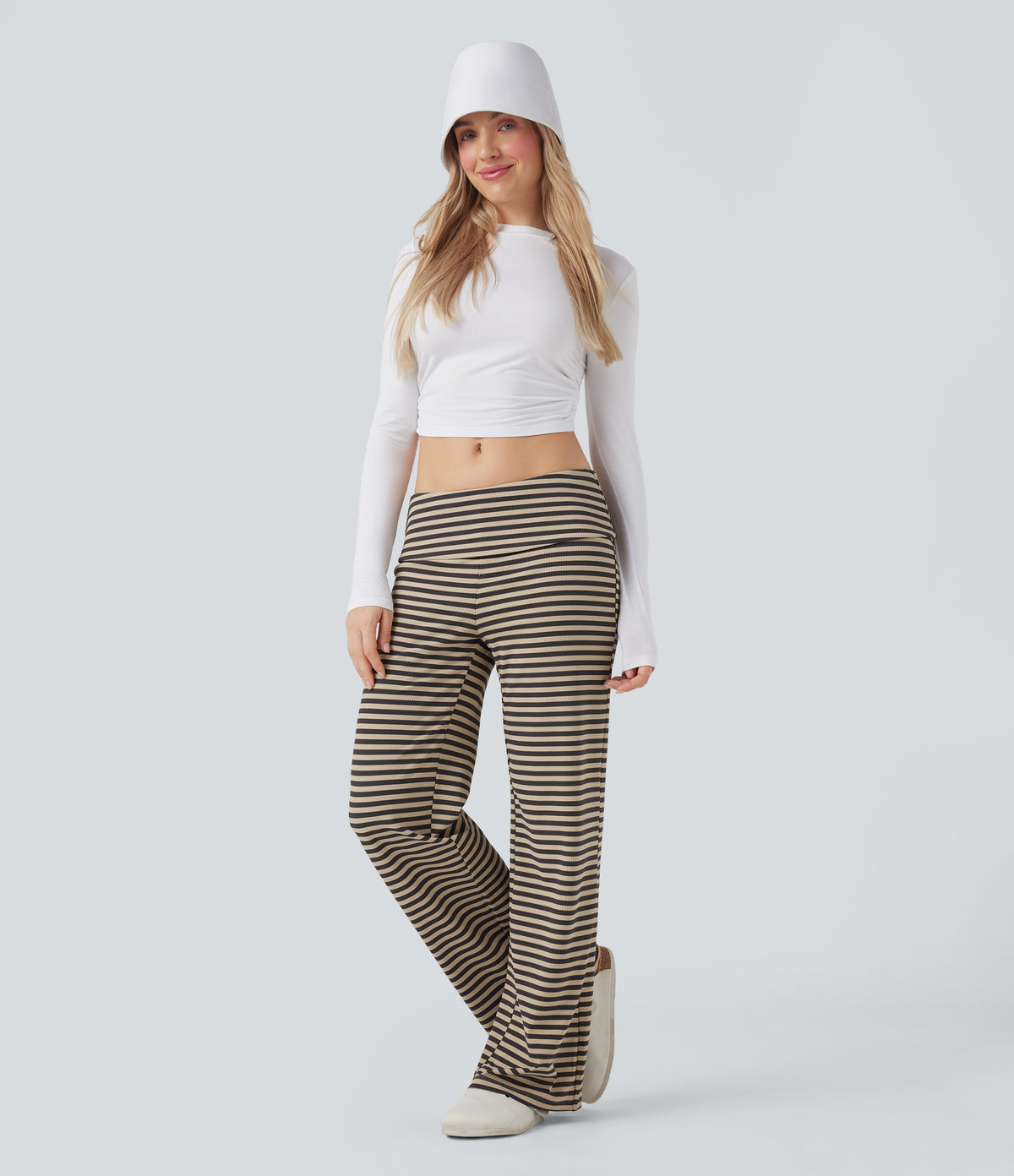Foldover Low Rise Striped Casual Flared Trousers — Sand & Ink Stripe — view 1