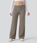 Foldover Low Rise Striped Casual Flared Trousers — Sand & Ink Stripe — view 4