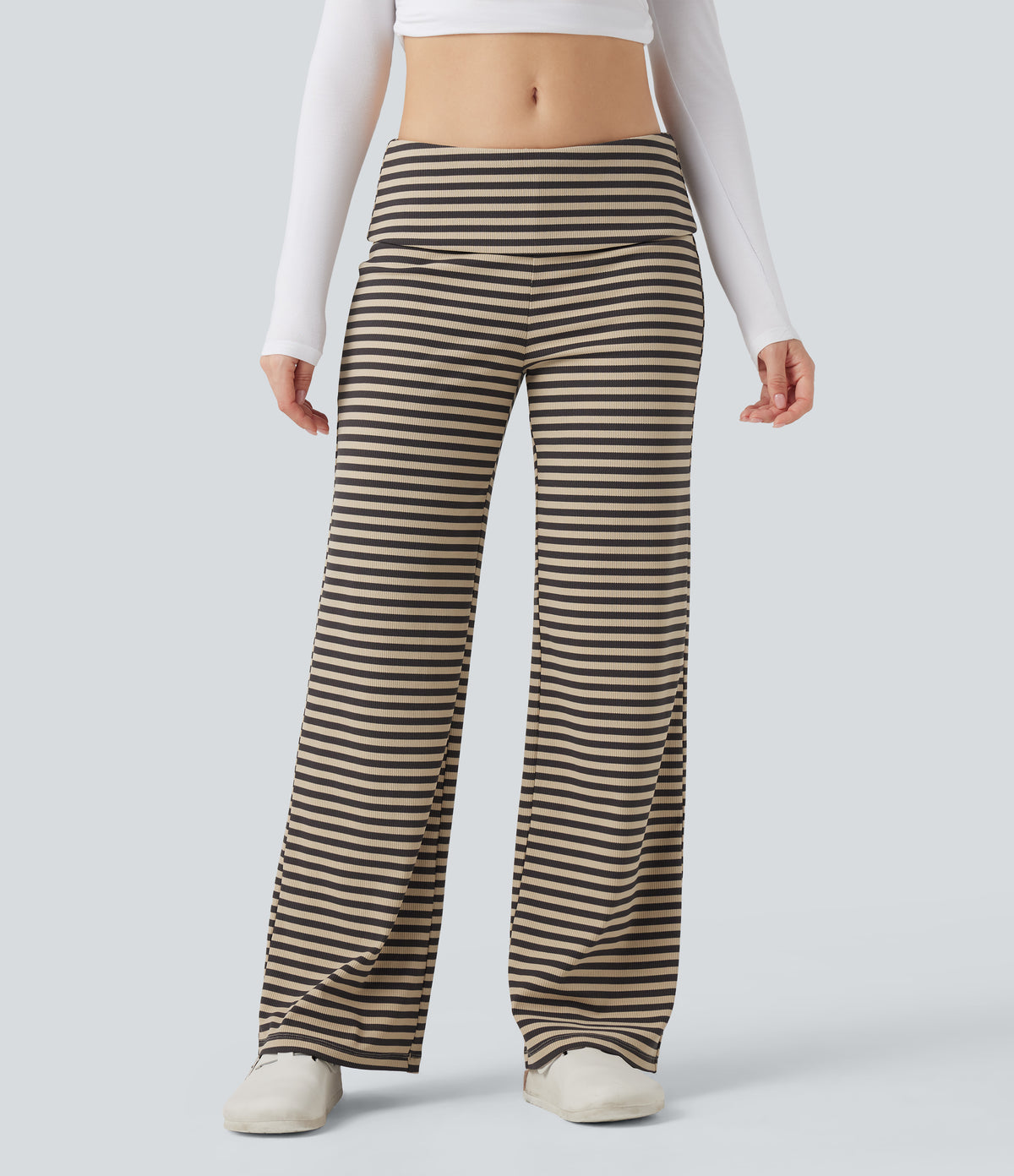 Foldover Low Rise Striped Casual Flared Trousers — Sand & Ink Stripe — view 4
