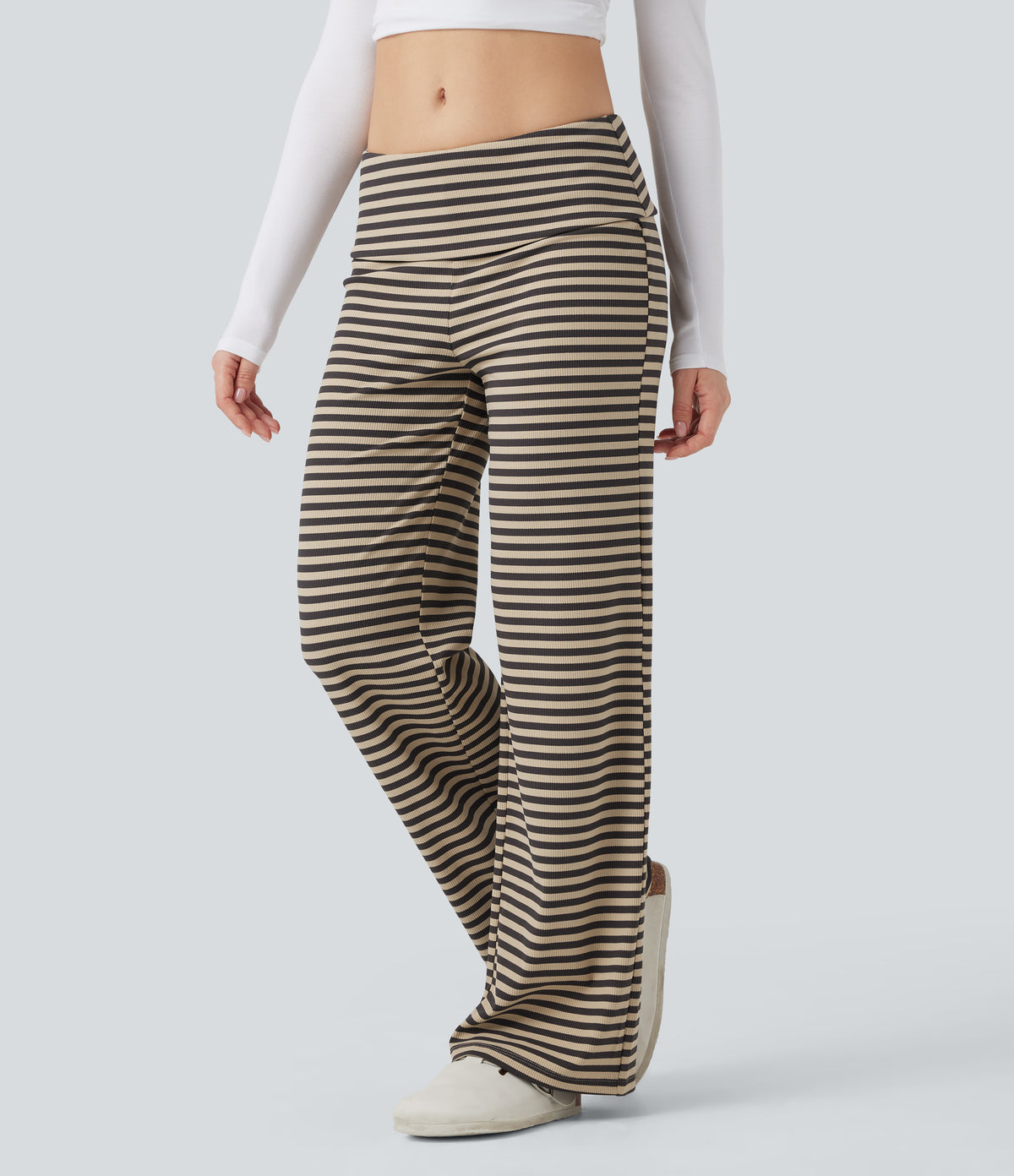 Foldover Low Rise Striped Casual Flared Trousers — Sand & Ink Stripe — view 2