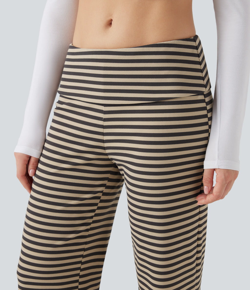 Foldover Low Rise Striped Casual Flared Trousers — Sand & Ink Stripe — view 5