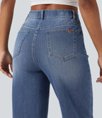 High Waisted V-Shaped Casual 7/8 Baggy Jeans with Pockets — Tide Blue Denim — view 5