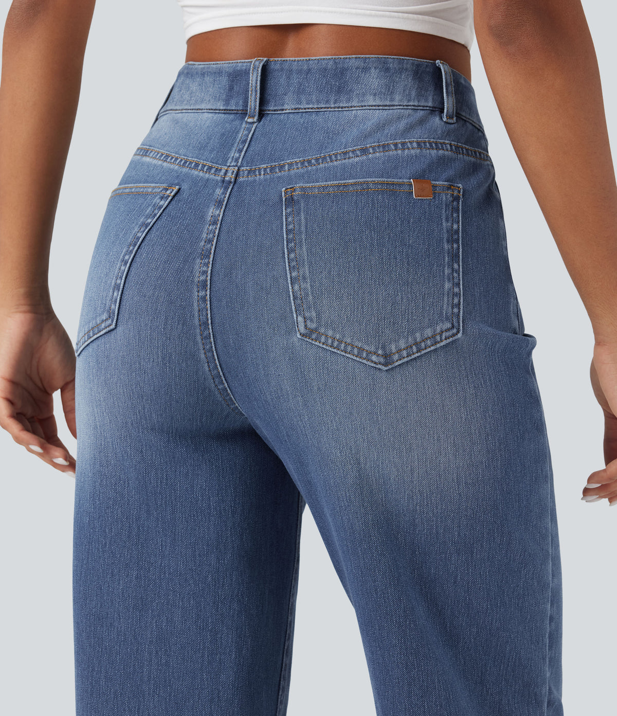 High Waisted V-Shaped Casual 7/8 Baggy Jeans with Pockets — Tide Blue Denim — view 5