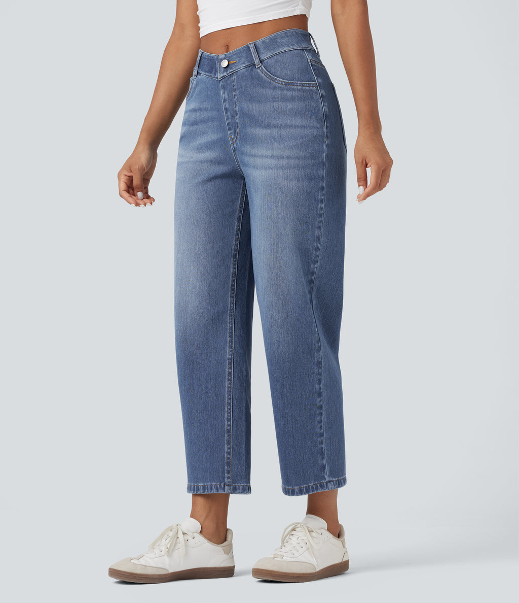 High Waisted V-Shaped Casual 7/8 Baggy Jeans with Pockets — Tide Blue Denim — view 3