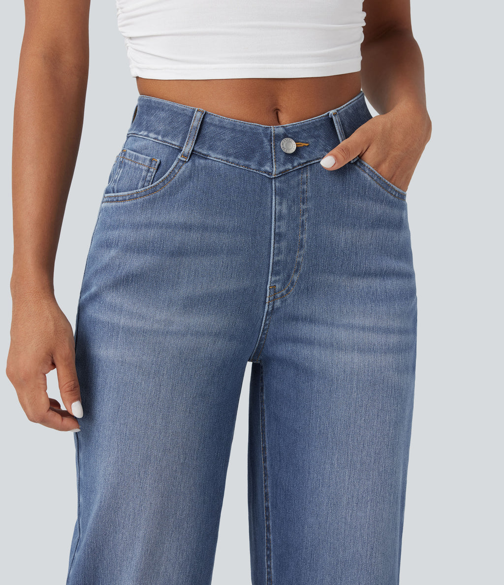 High Waisted V-Shaped Casual 7/8 Baggy Jeans with Pockets — Tide Blue Denim — view 4