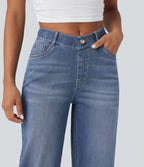High Waisted V-Shaped Casual 7/8 Baggy Jeans with Pockets — Tide Blue Denim — view 4