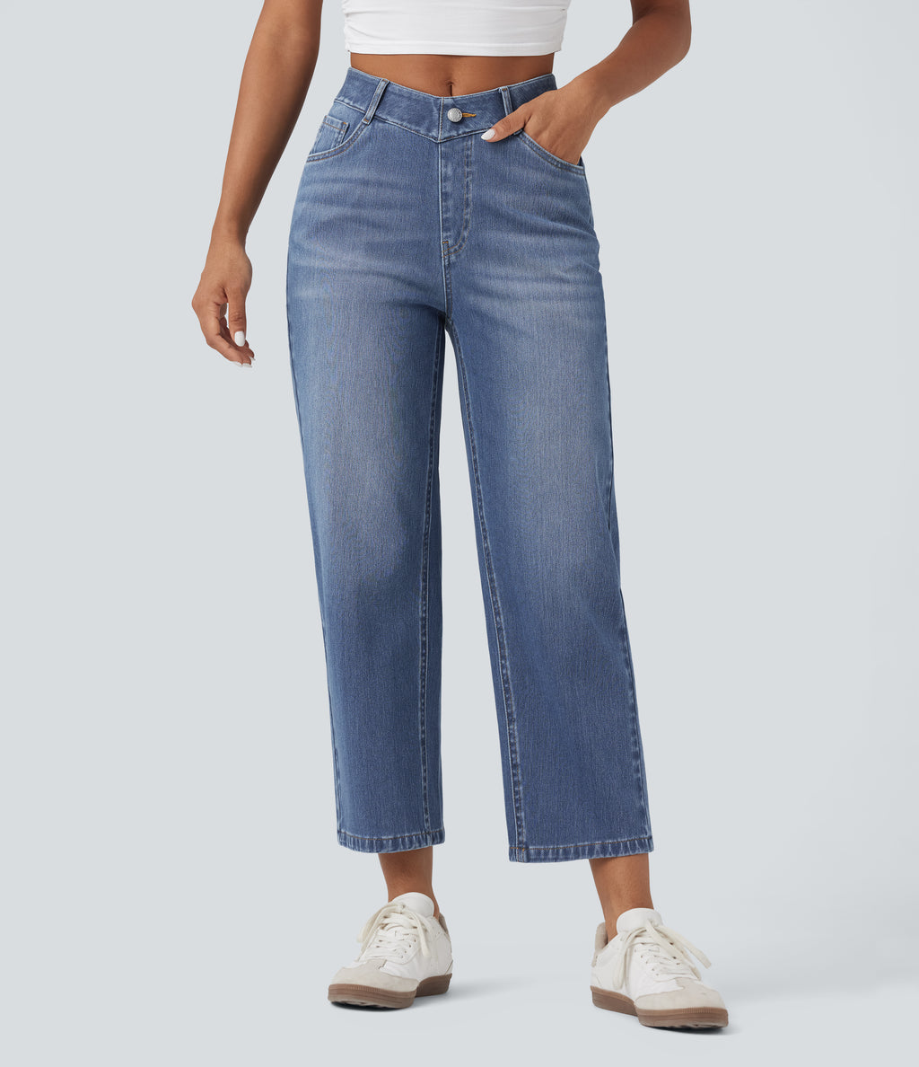 High Waisted V-Shaped Casual 7/8 Baggy Jeans with Pockets — Tide Blue Denim — view 1