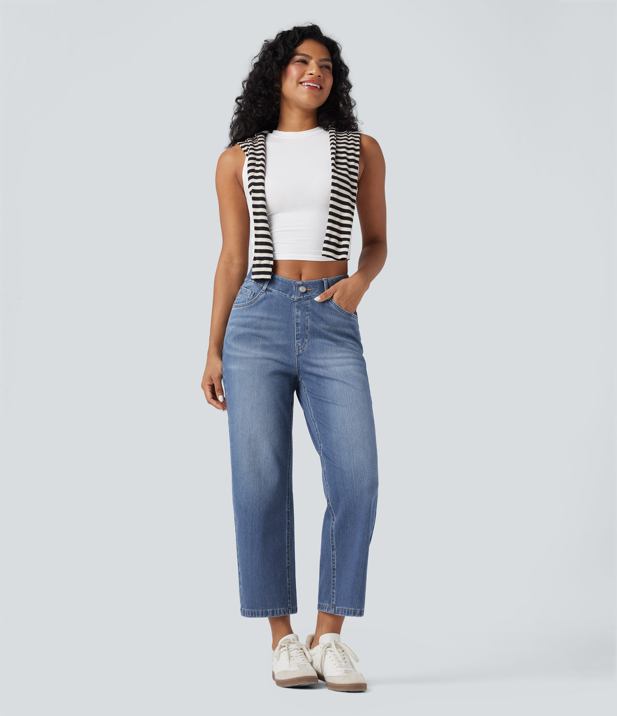 High Waisted V-Shaped Casual 7/8 Baggy Jeans with Pockets — Tide Blue Denim — view 6
