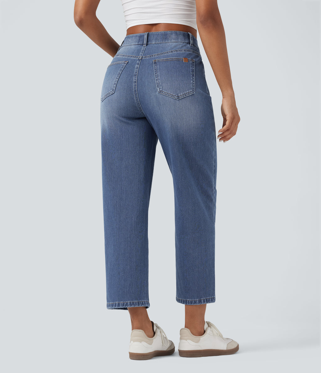 High Waisted V-Shaped Casual 7/8 Baggy Jeans with Pockets — Tide Blue Denim — view 2