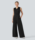 V-neck Sleeveless Pleated Crossover Tummy Control Casual Jumpsuit with Pockets — Black — view 1