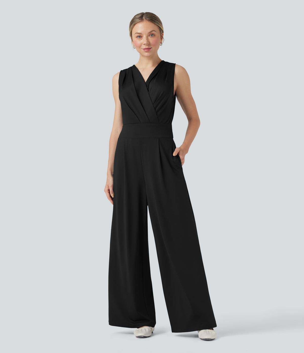 V-neck Sleeveless Pleated Crossover Tummy Control Casual Jumpsuit with Pockets — Black — view 1