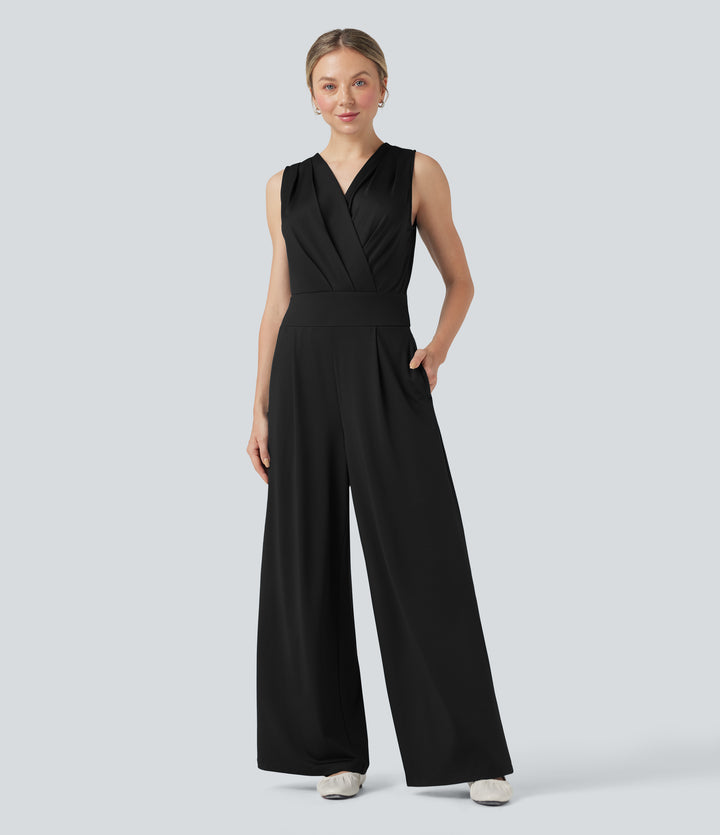 V-neck Sleeveless Pleated Crossover Tummy Control Casual Jumpsuit with Pockets — Black — view 1