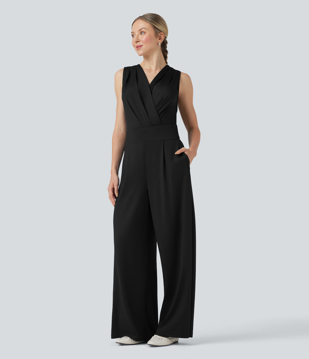 V-neck Sleeveless Pleated Crossover Tummy Control Casual Jumpsuit with Pockets — Black — view 3