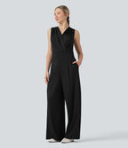 V-neck Sleeveless Pleated Crossover Tummy Control Casual Jumpsuit with Pockets — Black — view 3