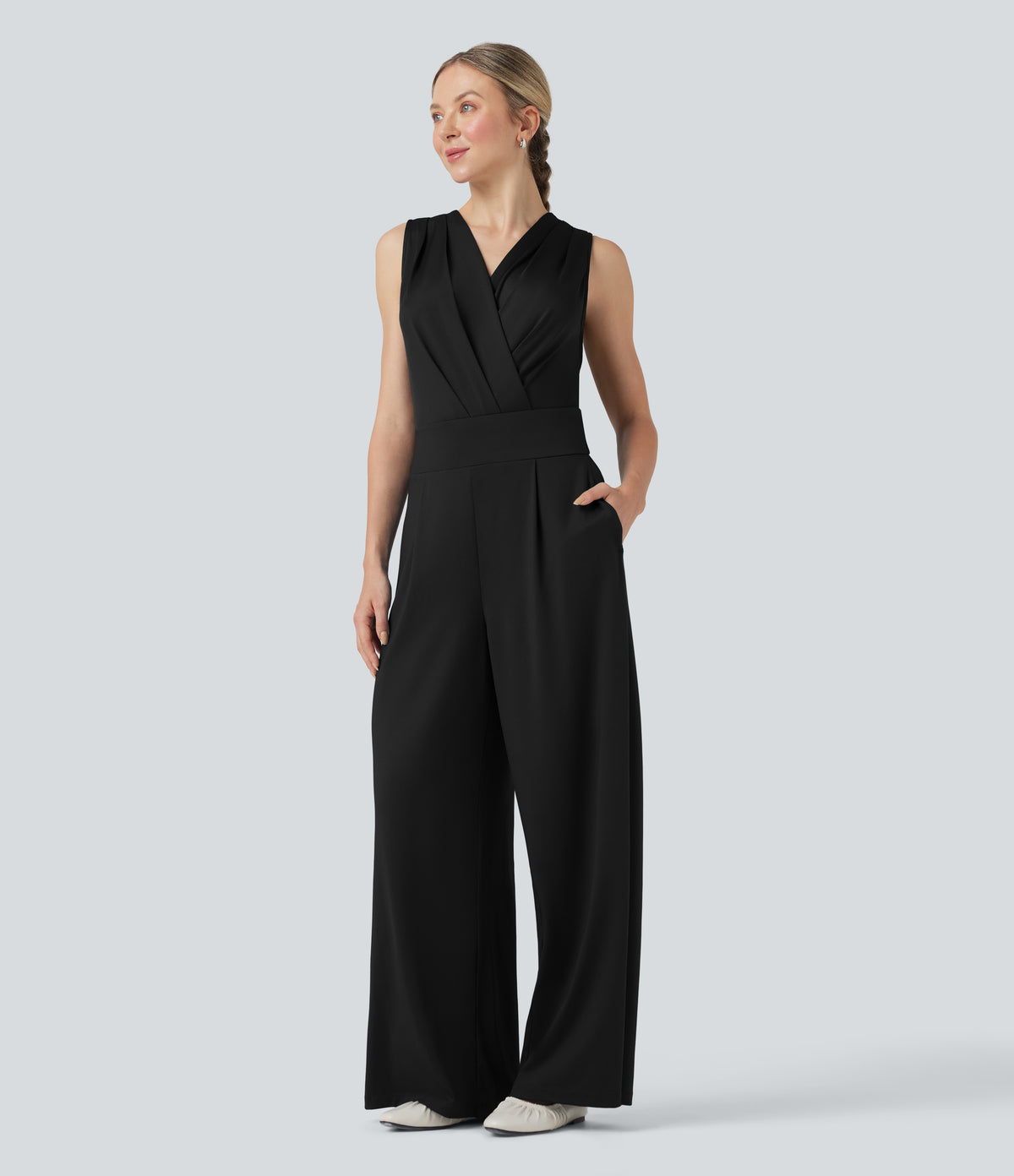 V-neck Sleeveless Pleated Crossover Tummy Control Casual Jumpsuit with Pockets — Black — view 3