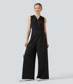 V-neck Sleeveless Pleated Crossover Tummy Control Casual Jumpsuit with Pockets — Black — view 7