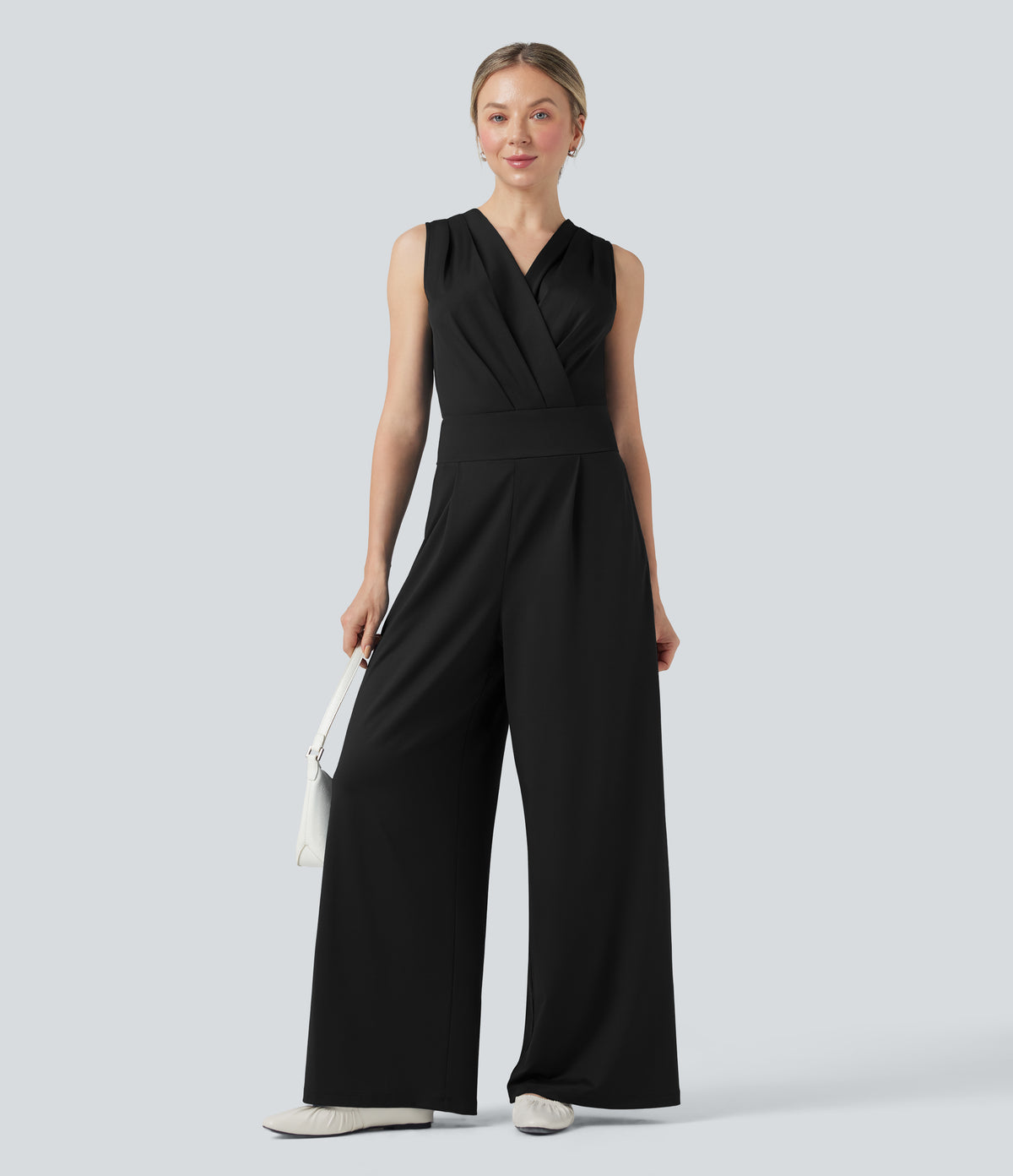 V-neck Sleeveless Pleated Crossover Tummy Control Casual Jumpsuit with Pockets — Black — view 7