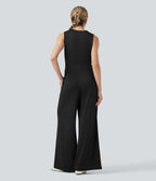 V-neck Sleeveless Pleated Crossover Tummy Control Casual Jumpsuit with Pockets — Black — view 2