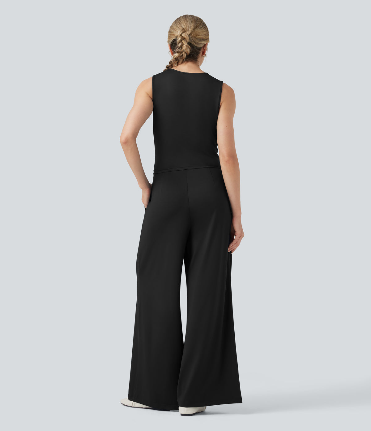 V-neck Sleeveless Pleated Crossover Tummy Control Casual Jumpsuit with Pockets — Black — view 2