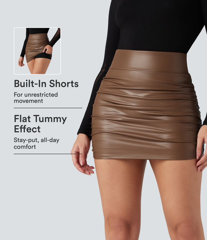 High Waisted Tummy Control Ruched Curved Hem 2-in-1 Fleece PU Mini Bodycon Skirt — Rustic Brown — view 1