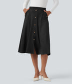 High-waisted Suede Midi Casual Flare Skirt with Pockets — Black — view 6