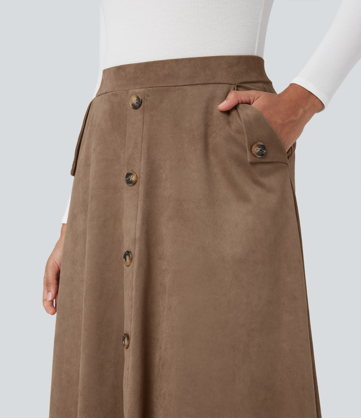 High-waisted Suede Midi Casual Flare Skirt with Pockets — Coca Mocha — view 4