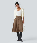 High-waisted Suede Midi Casual Flare Skirt with Pockets — Coca Mocha — view 5