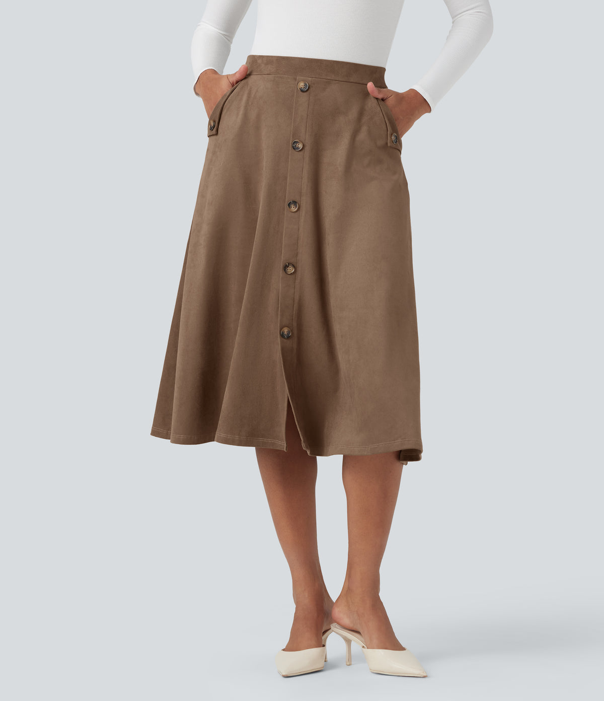 High-waisted Suede Midi Casual Flare Skirt with Pockets — Coca Mocha — view 1