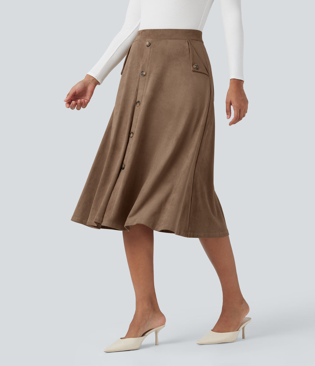 High-waisted Suede Midi Casual Flare Skirt with Pockets — Coca Mocha — view 3