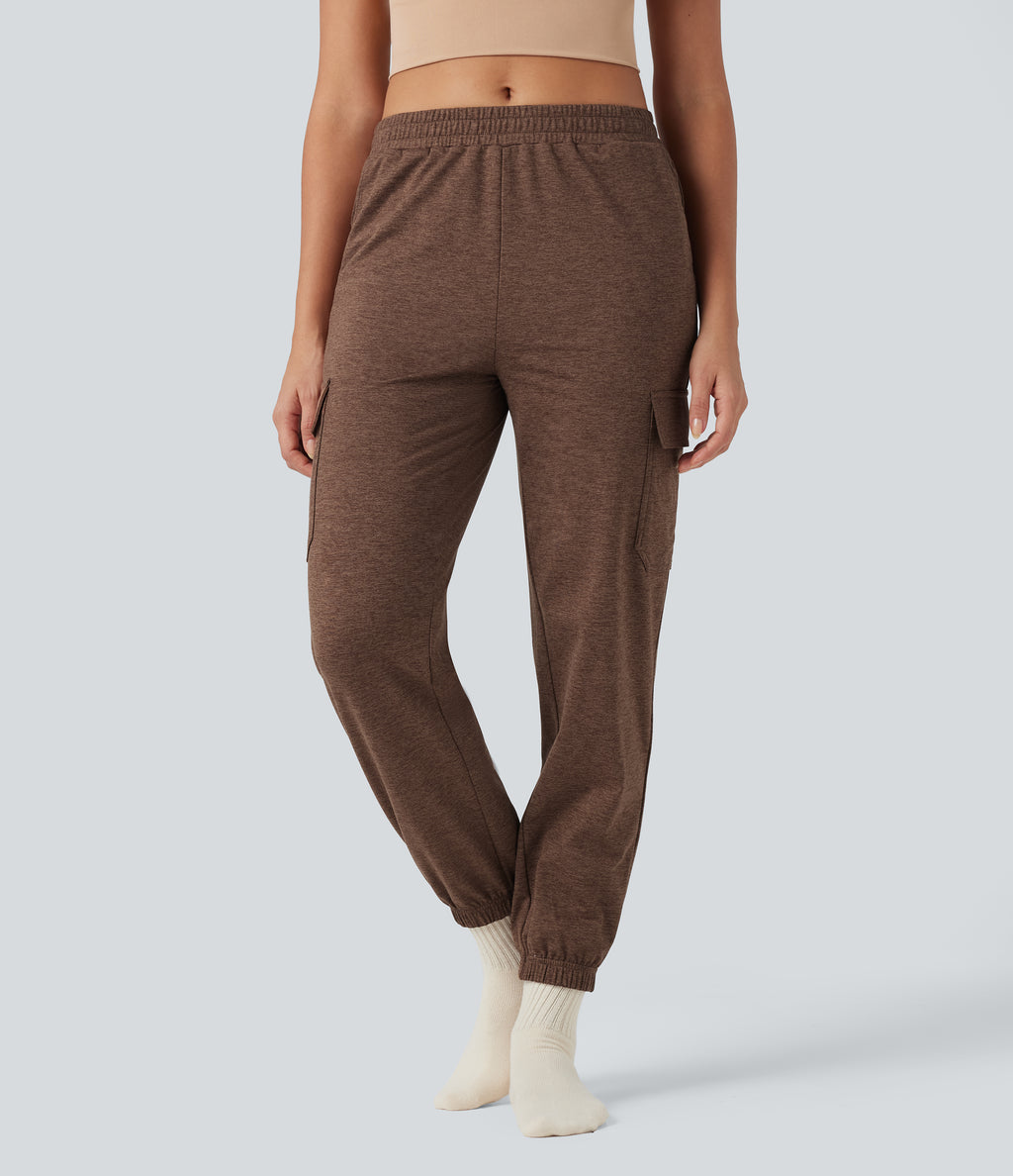 Mid Rise Quick Dry Heathered Lounge Cargo Warming Joggers with Pockets-UPF40+ — Claystone — view 3