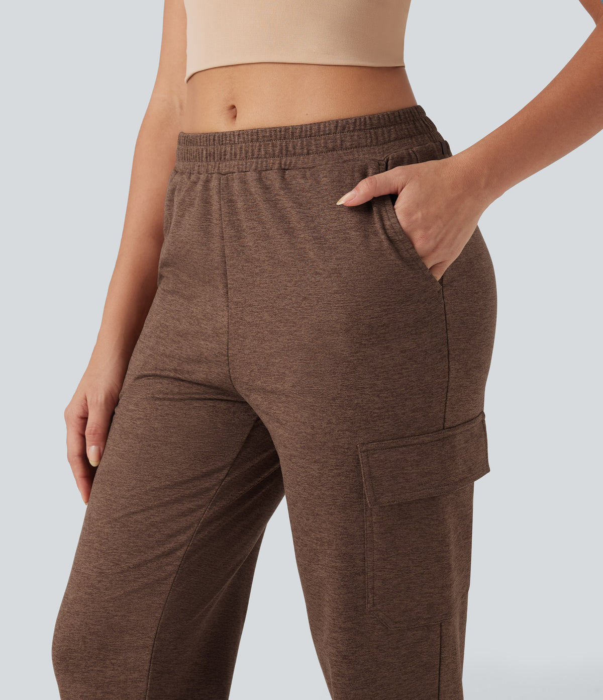 Mid Rise Quick Dry Heathered Lounge Cargo Warming Joggers with Pockets-UPF40+ — Claystone — view 4